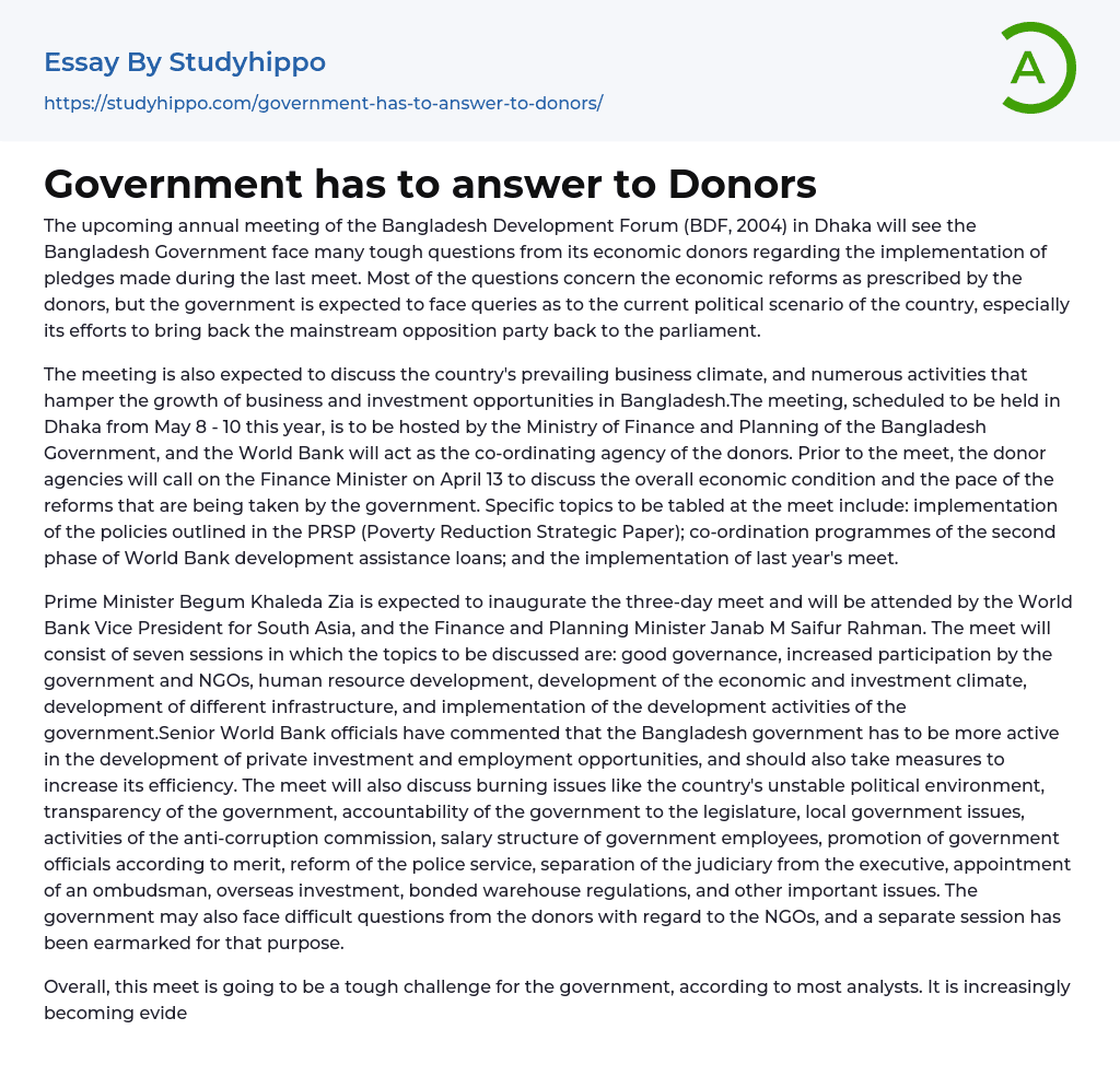 Government has to answer to Donors Essay Example