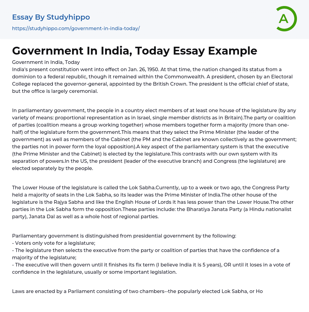 Government In India, Today Essay Example