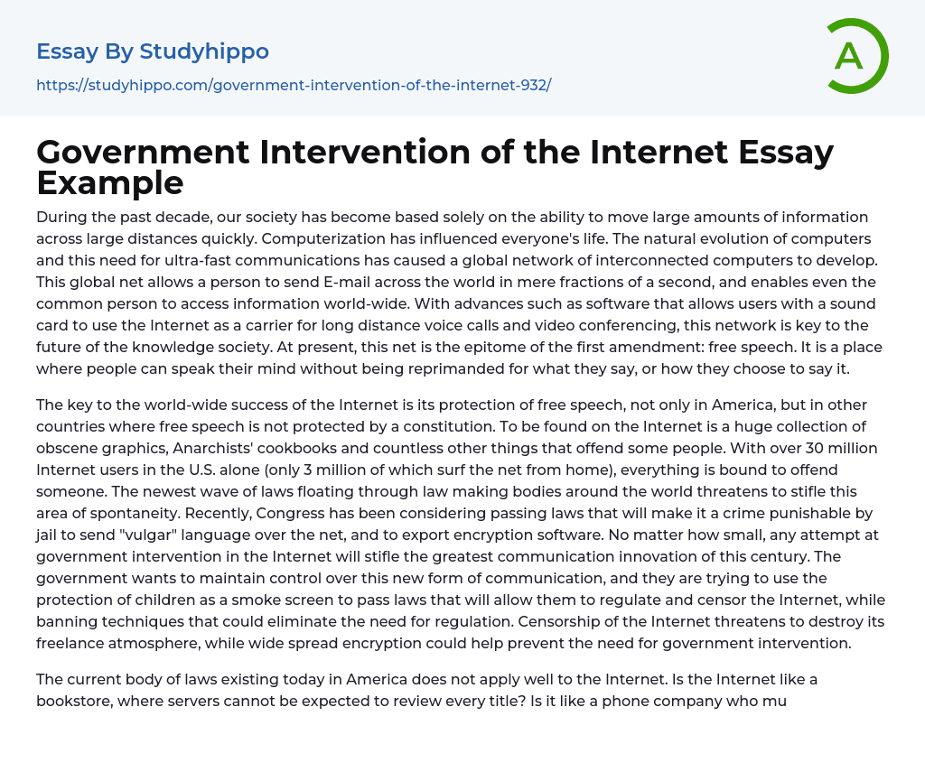 Government Intervention of the Internet Essay Example