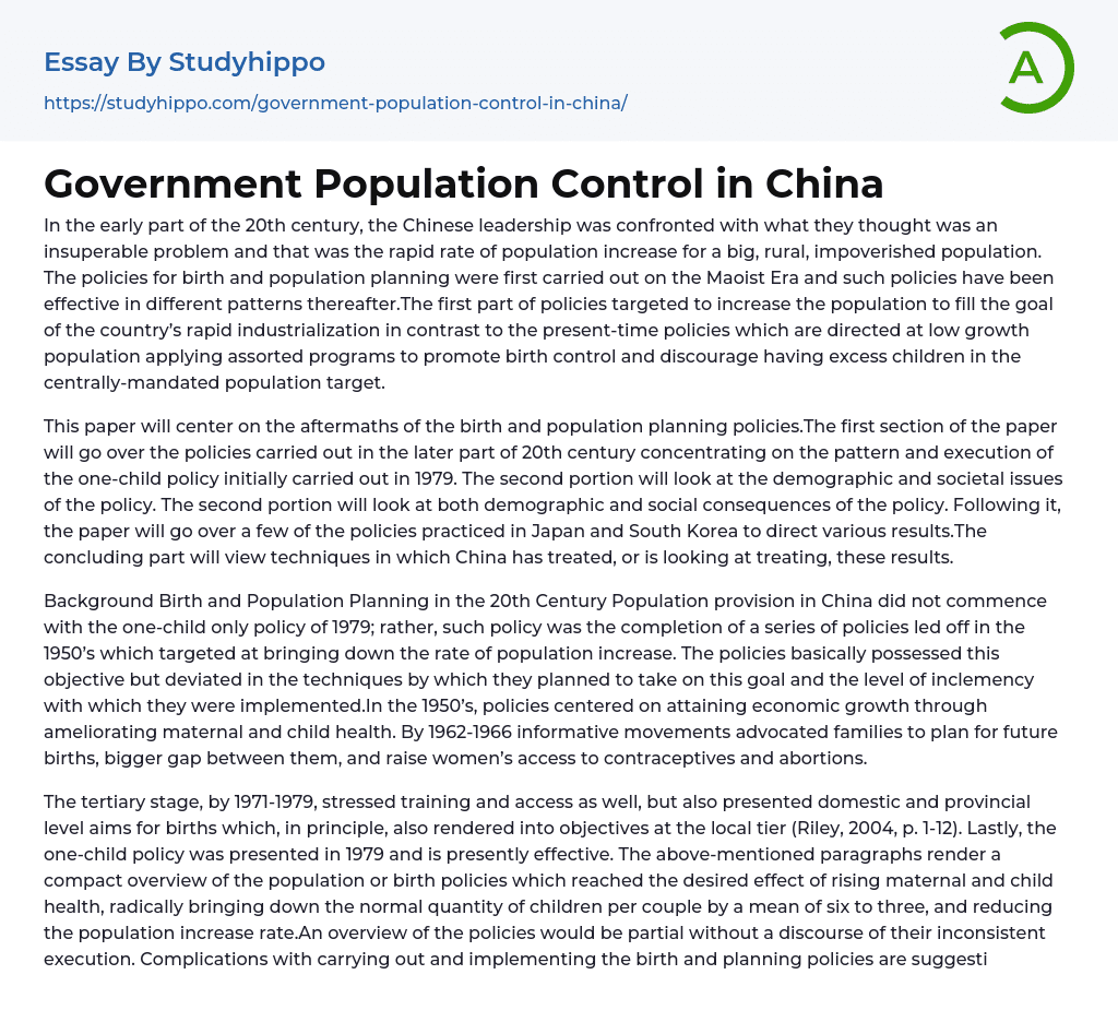 Government Population Control in China Essay Example