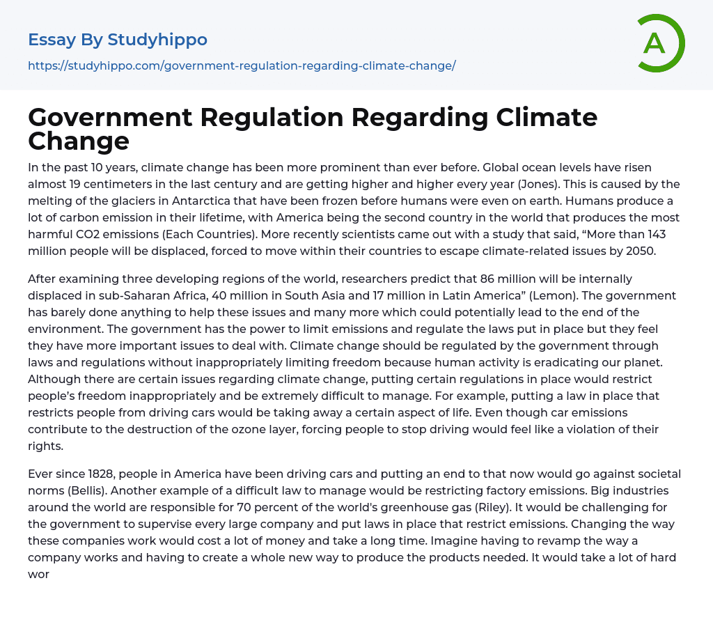 Government Regulation Regarding Climate Change Essay Example