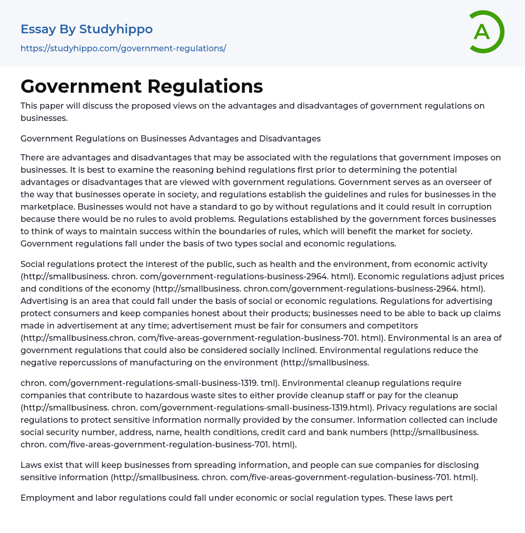 Government Regulations Essay Example