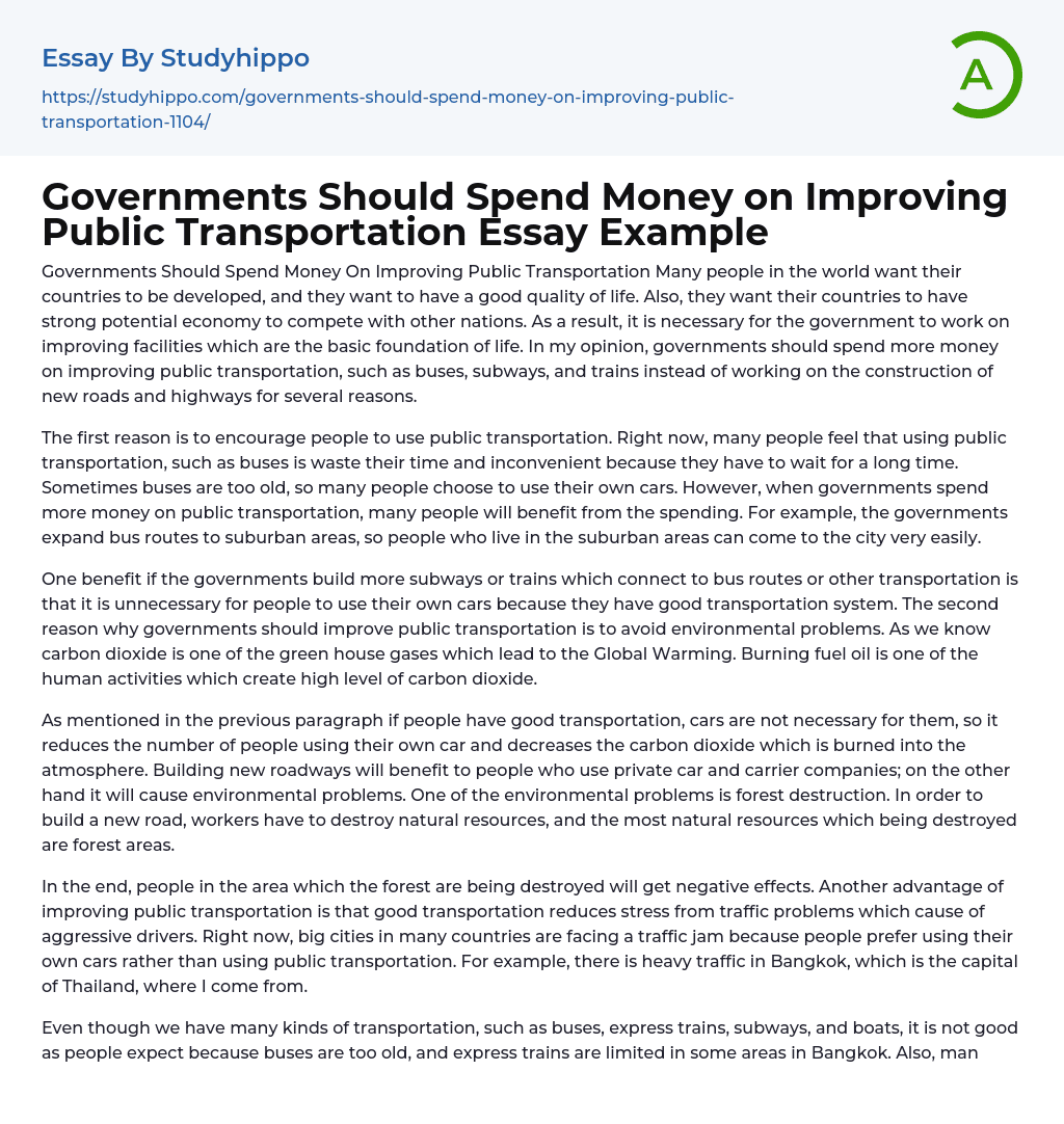 Governments Should Spend Money on Improving Public Transportation Essay Example