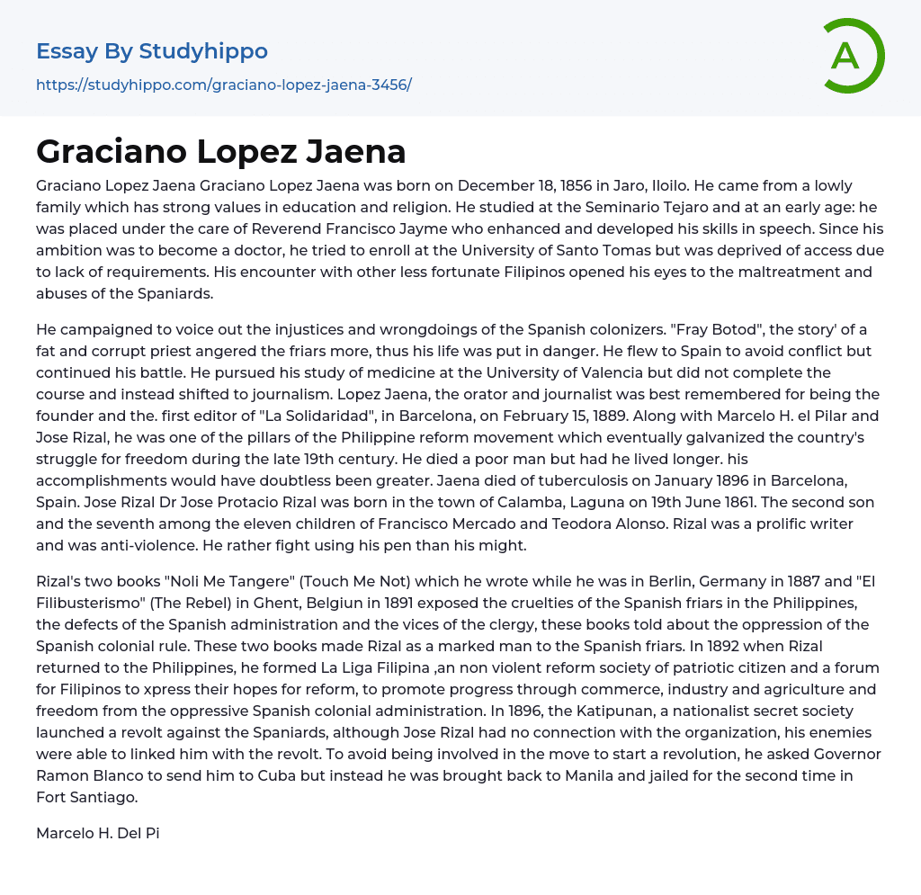 Graciano Lopez Jaena Essay Example