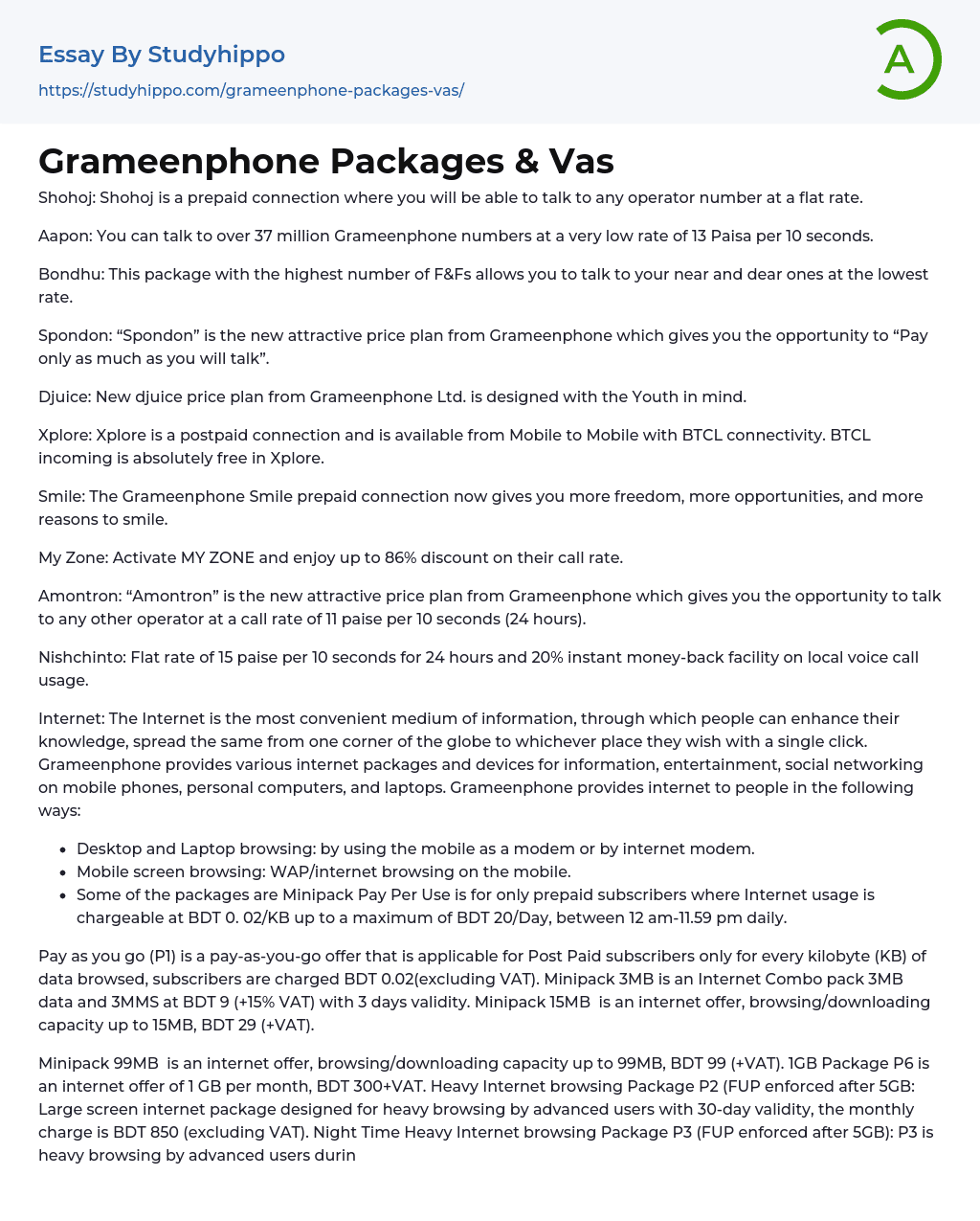 Grameenphone Packages & Vas Essay Example