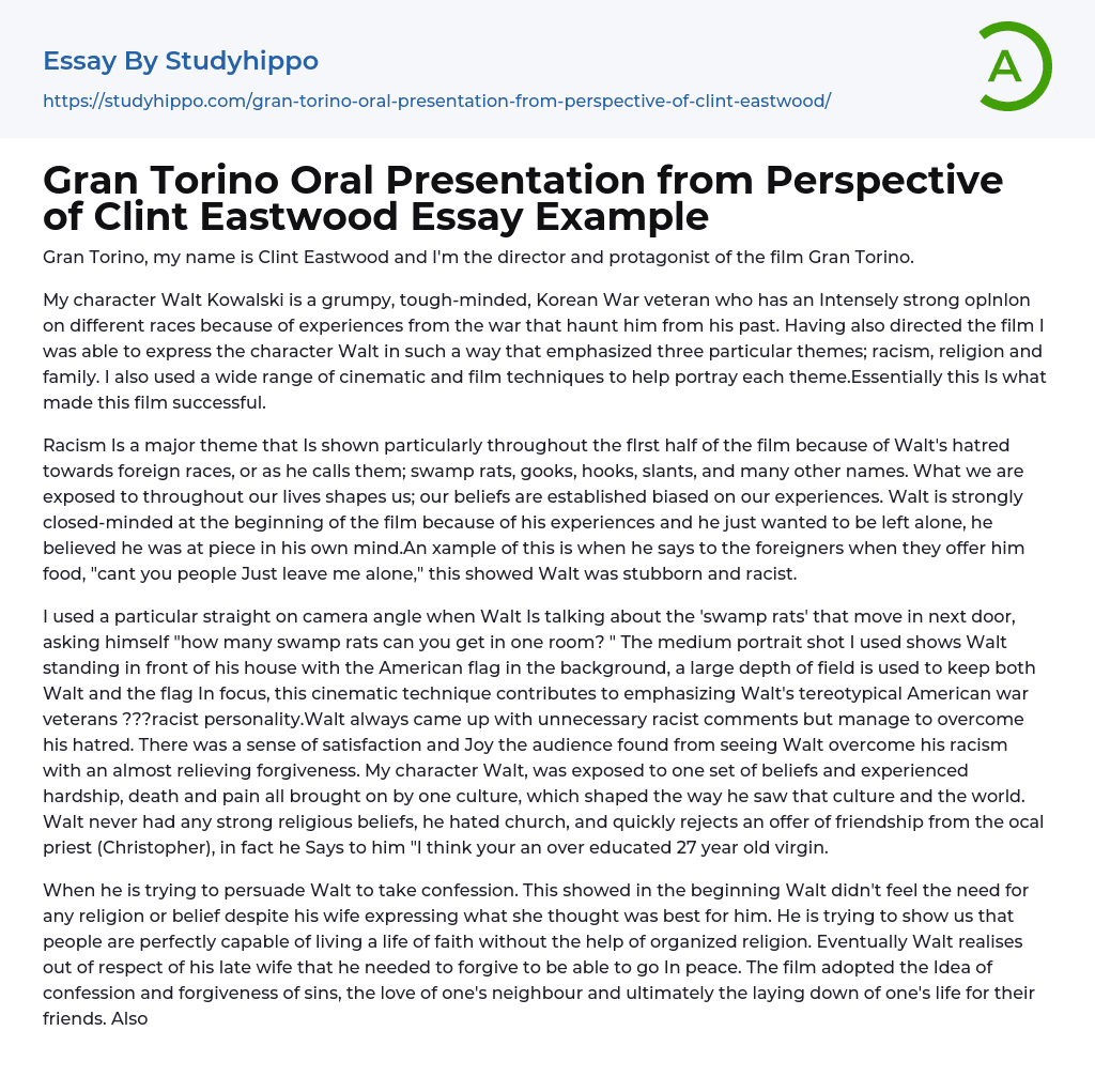 Gran Torino Oral Presentation from Perspective of Clint Eastwood Essay Example