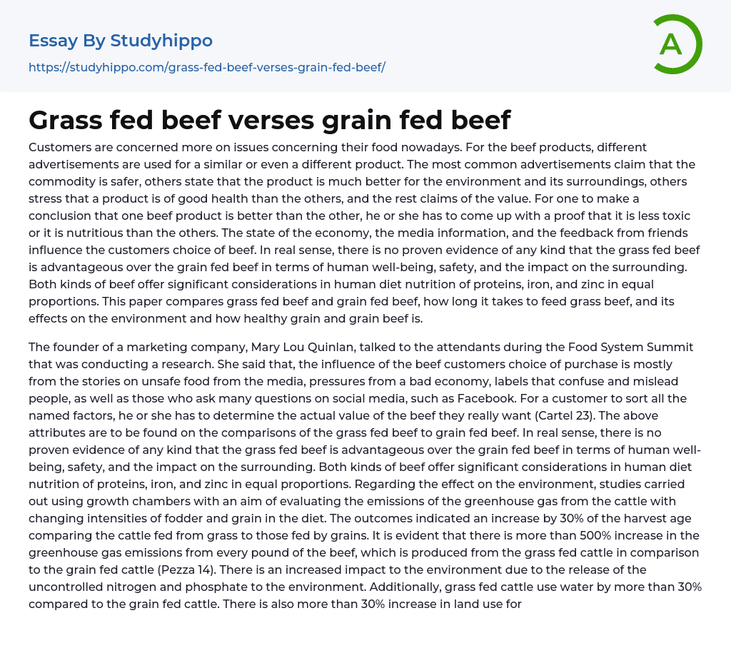 Grass fed beef verses grain fed beef Essay Example