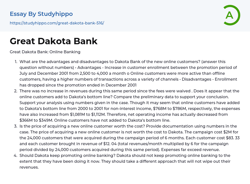 Great Dakota Bank Online Banking: Questions and Answers Essay Example