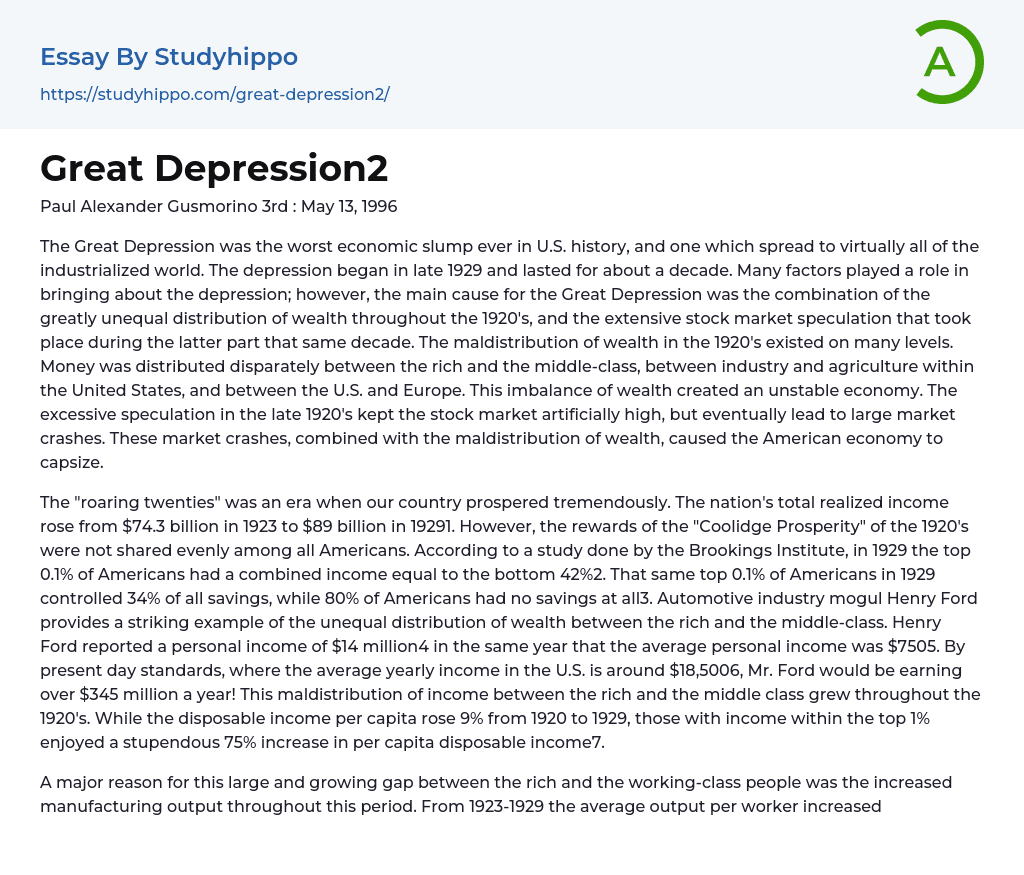 The Great Depression – The Global Economic Crisis Essay Example