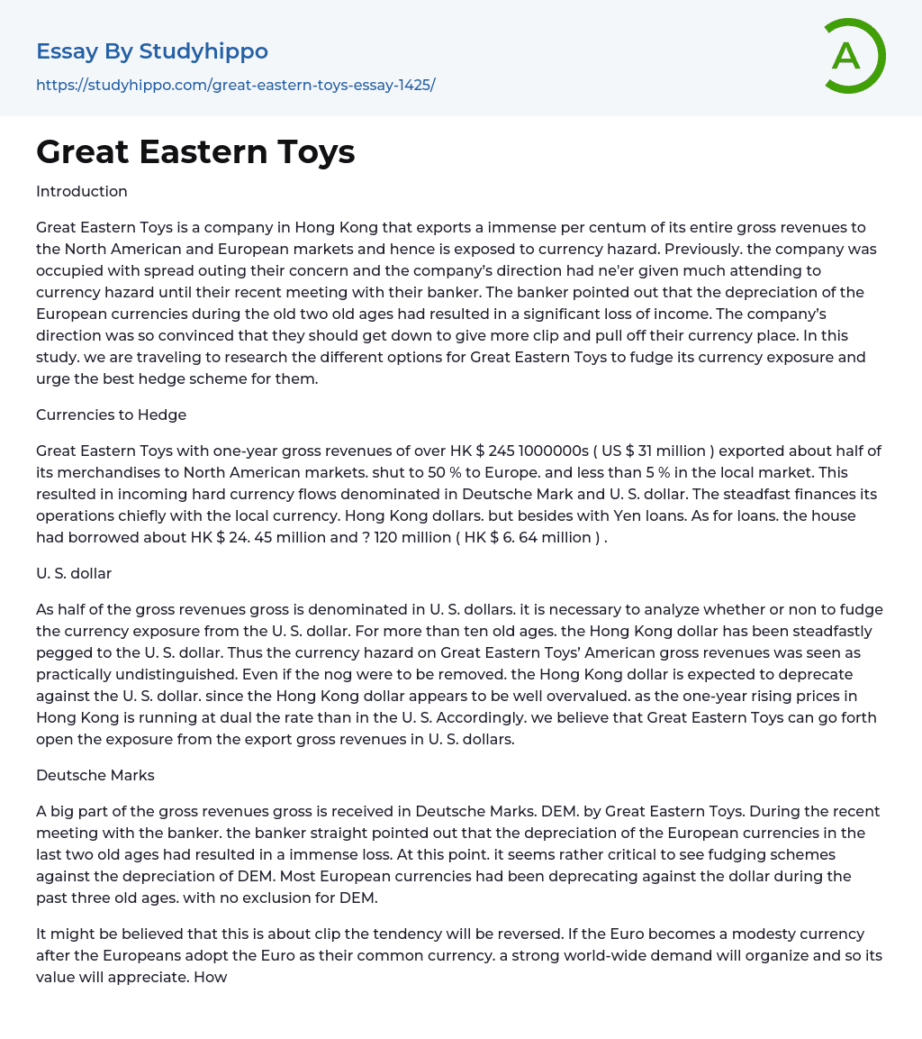 Great Eastern Toys Essay Example