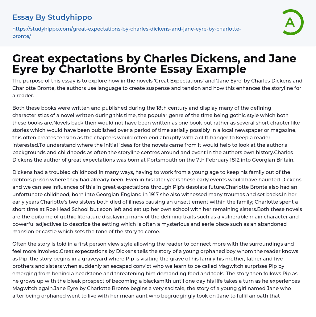Great expectations by Charles Dickens, and Jane Eyre by Charlotte Bronte Essay Example