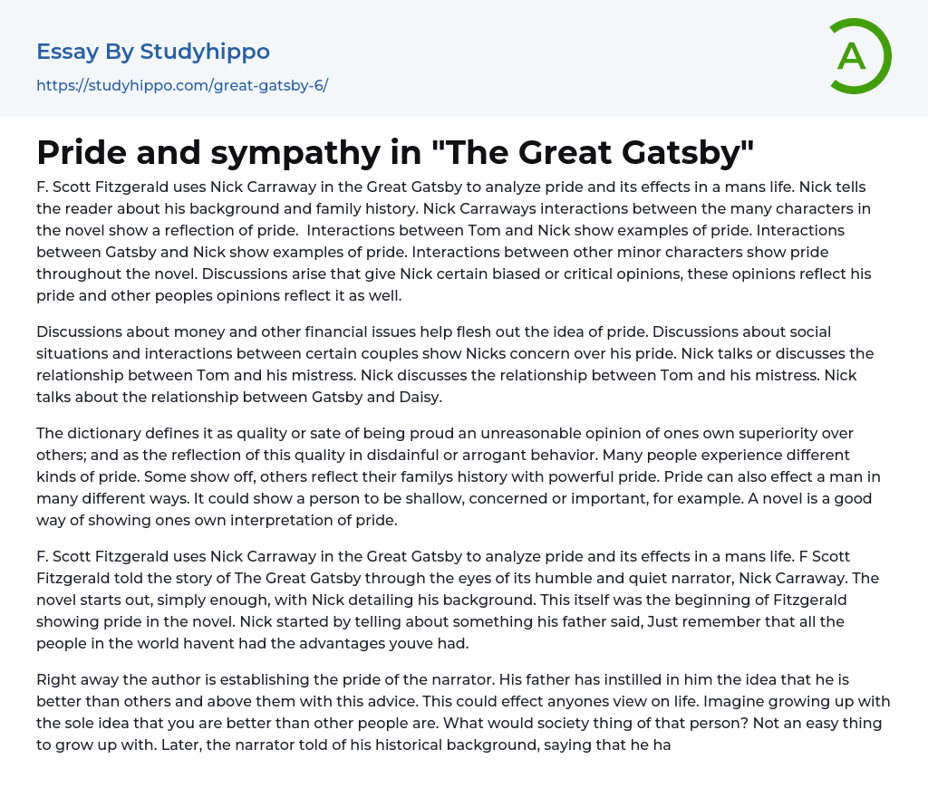 Pride and sympathy in “The Great Gatsby” Essay Example