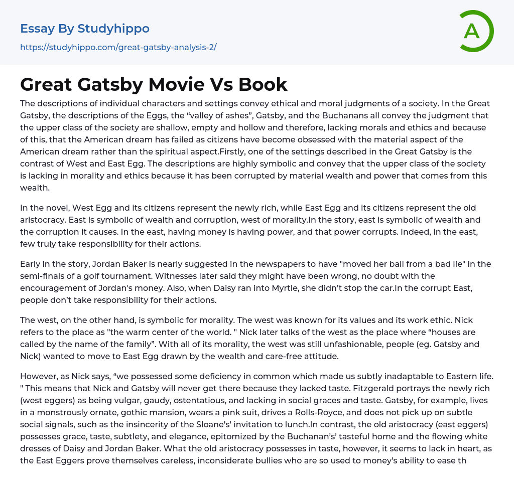 Great Gatsby Movie Vs Book Essay Example