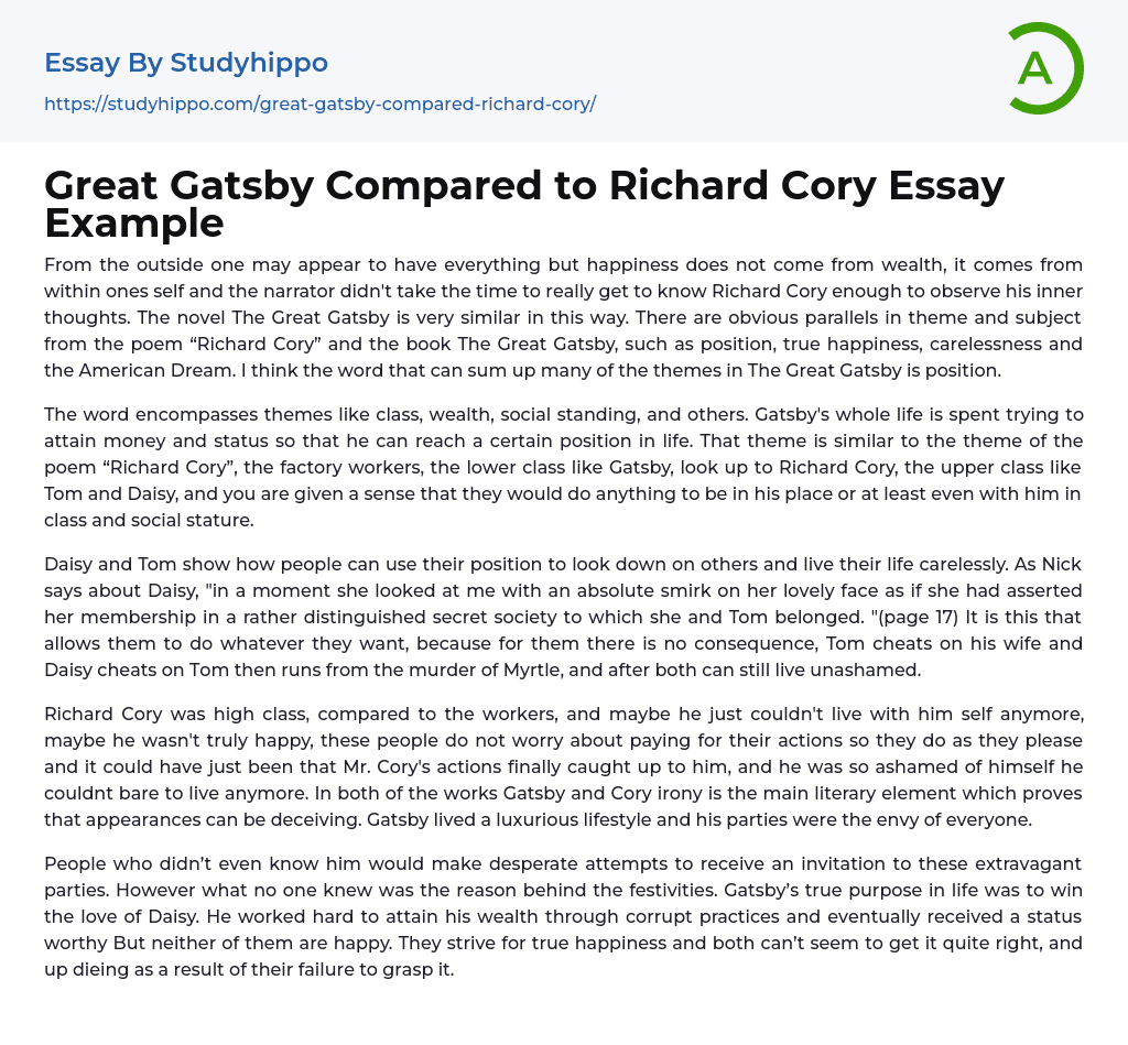 Great Gatsby Compared to Richard Cory Essay Example