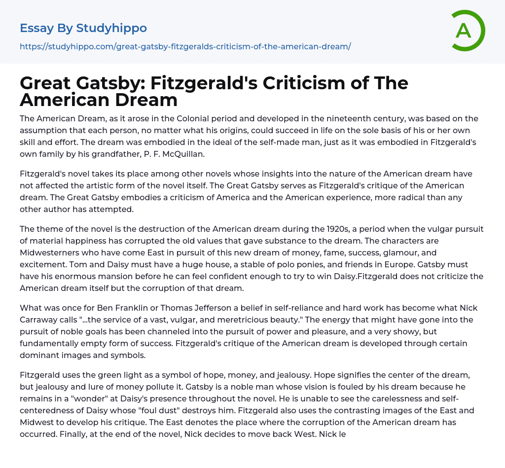 Great Gatsby: Fitzgerald’s Criticism of The American Dream Essay Example