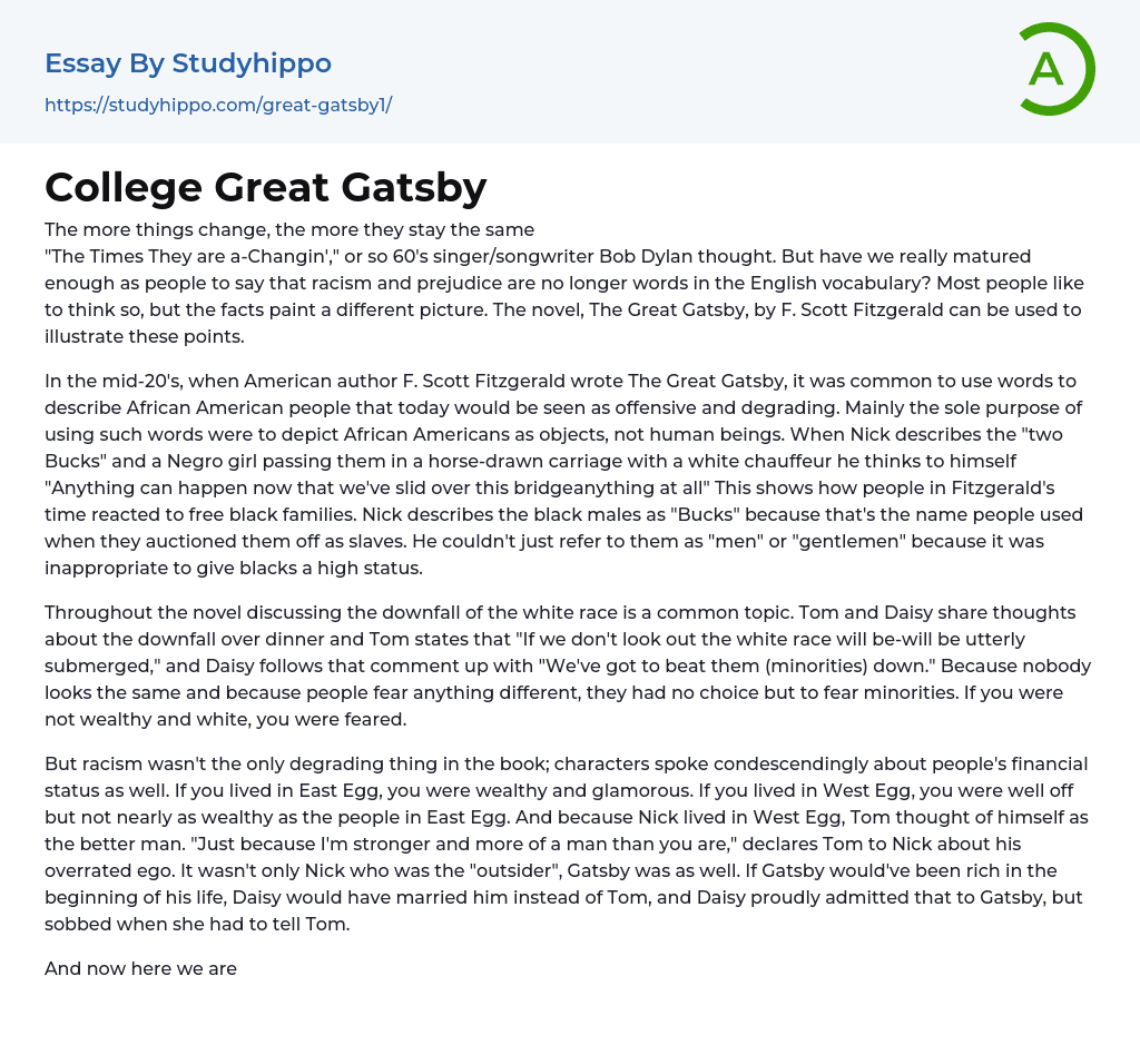 College Great Gatsby Essay Example