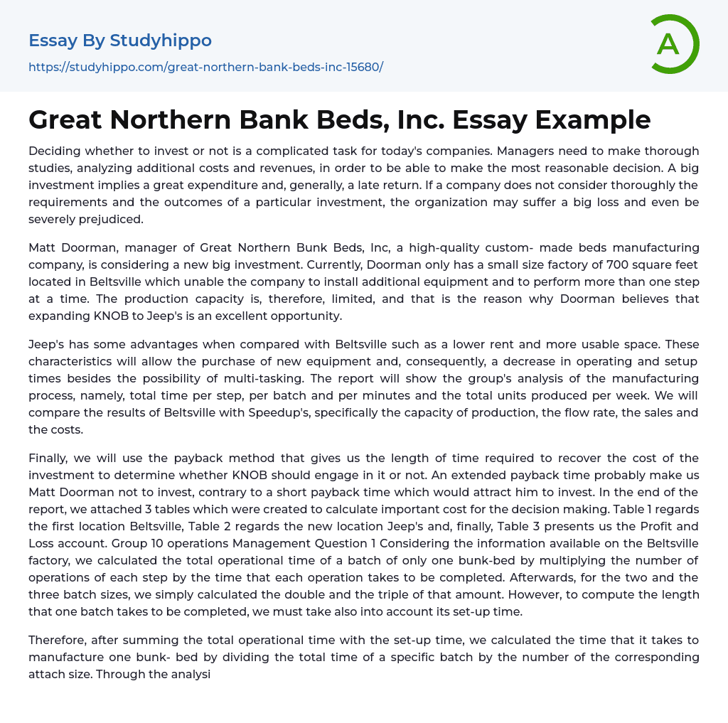 Great Northern Bank Beds, Inc. Essay Example