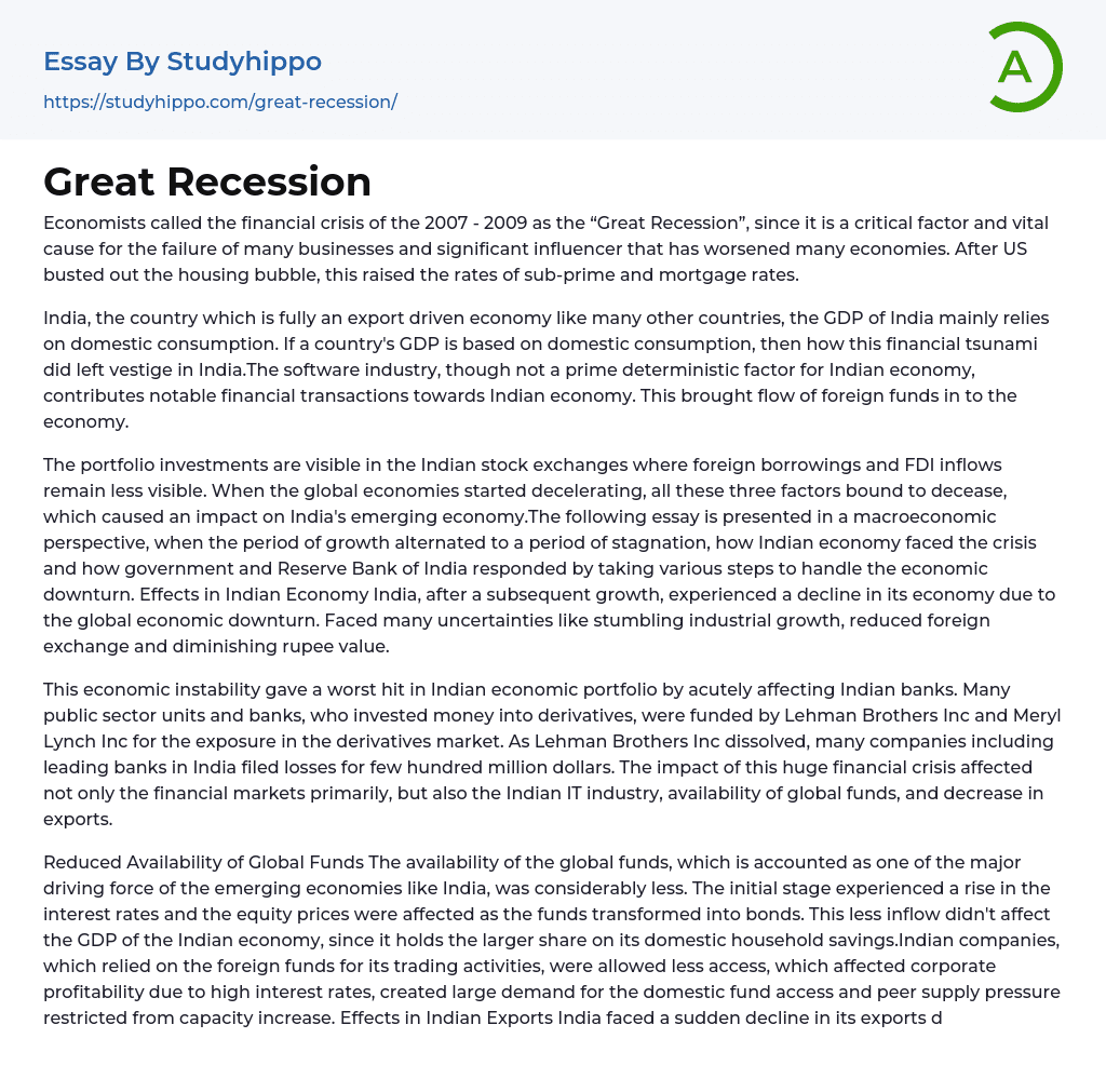 Great Recession Essay Example