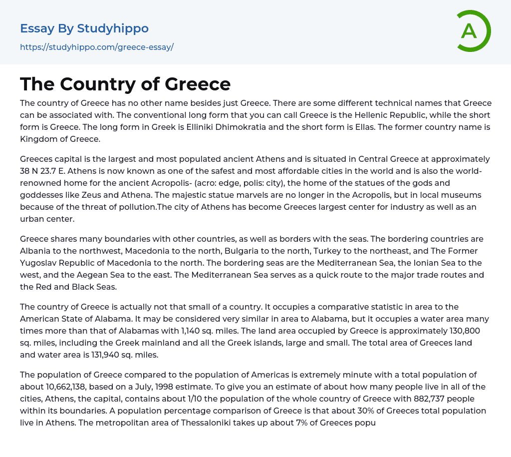 The Country of Greece Essay Example