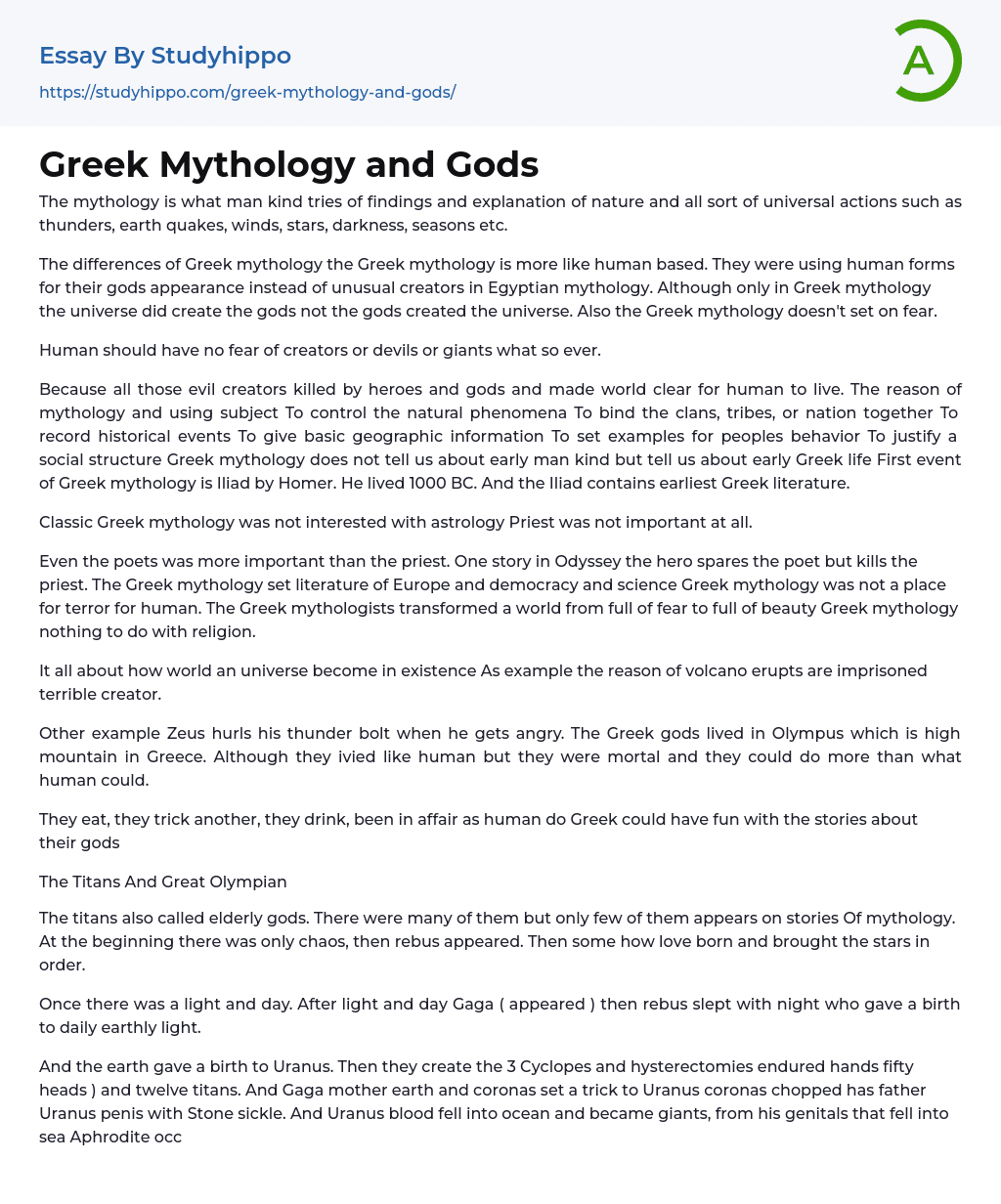 Greek Mythology and Gods Essay Example