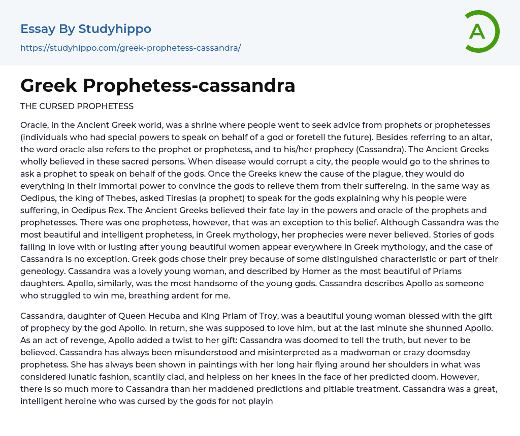 Greek Prophetess-cassandra Essay Example