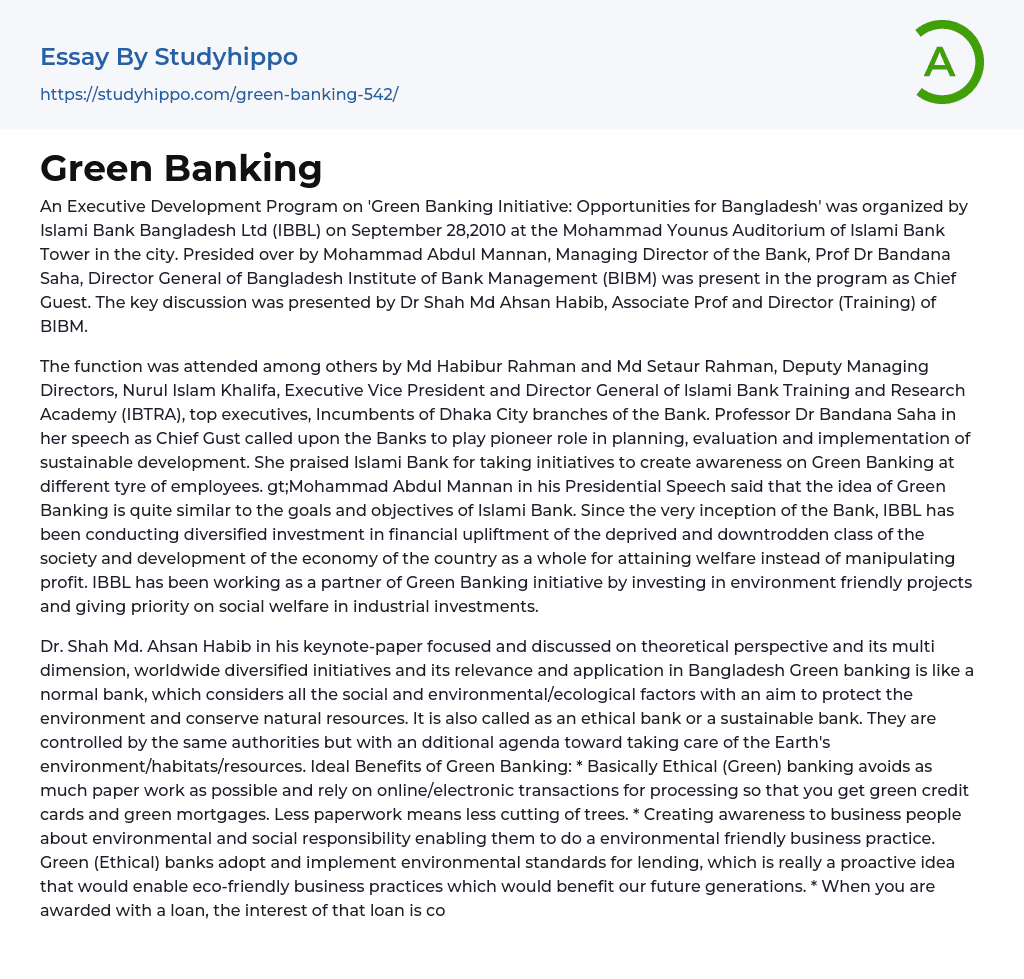 Green Banking Essay Example