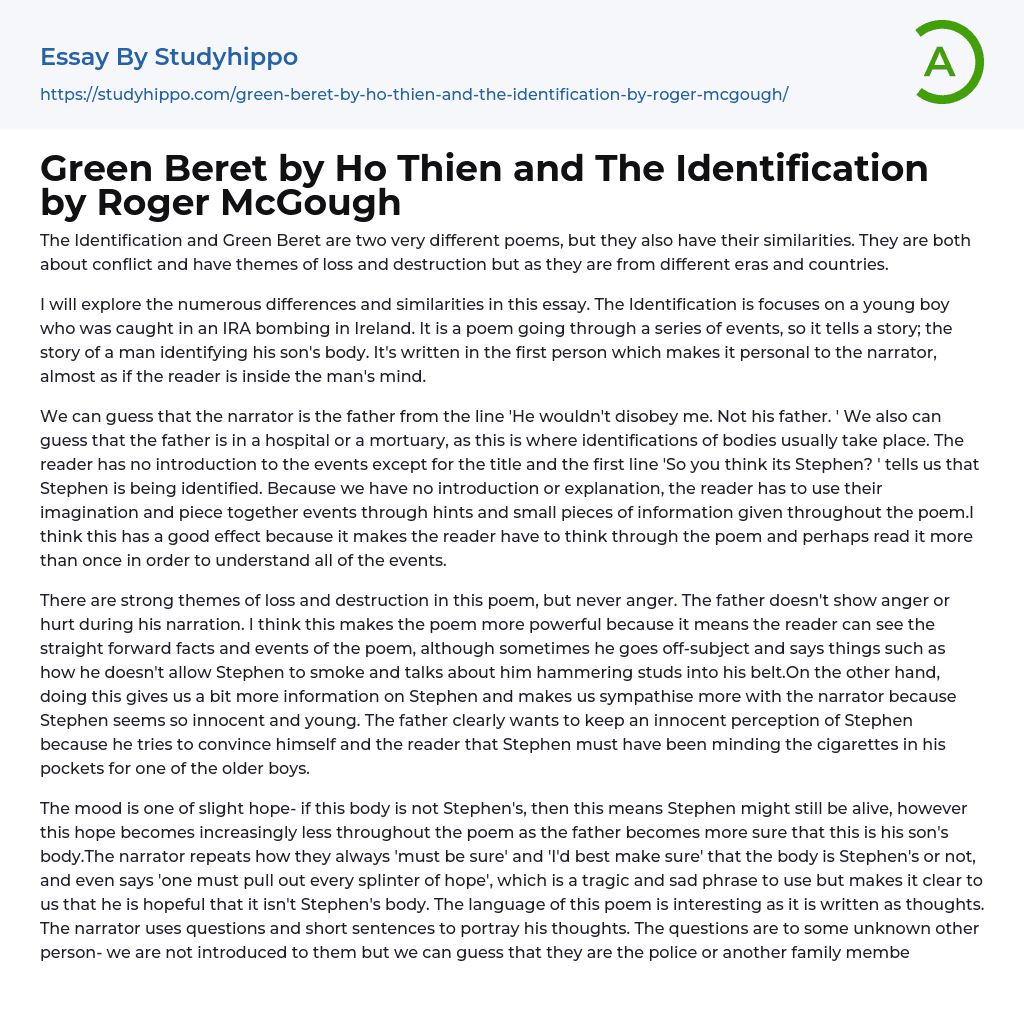 Green Beret by Ho Thien and The Identification by Roger McGough Essay Example