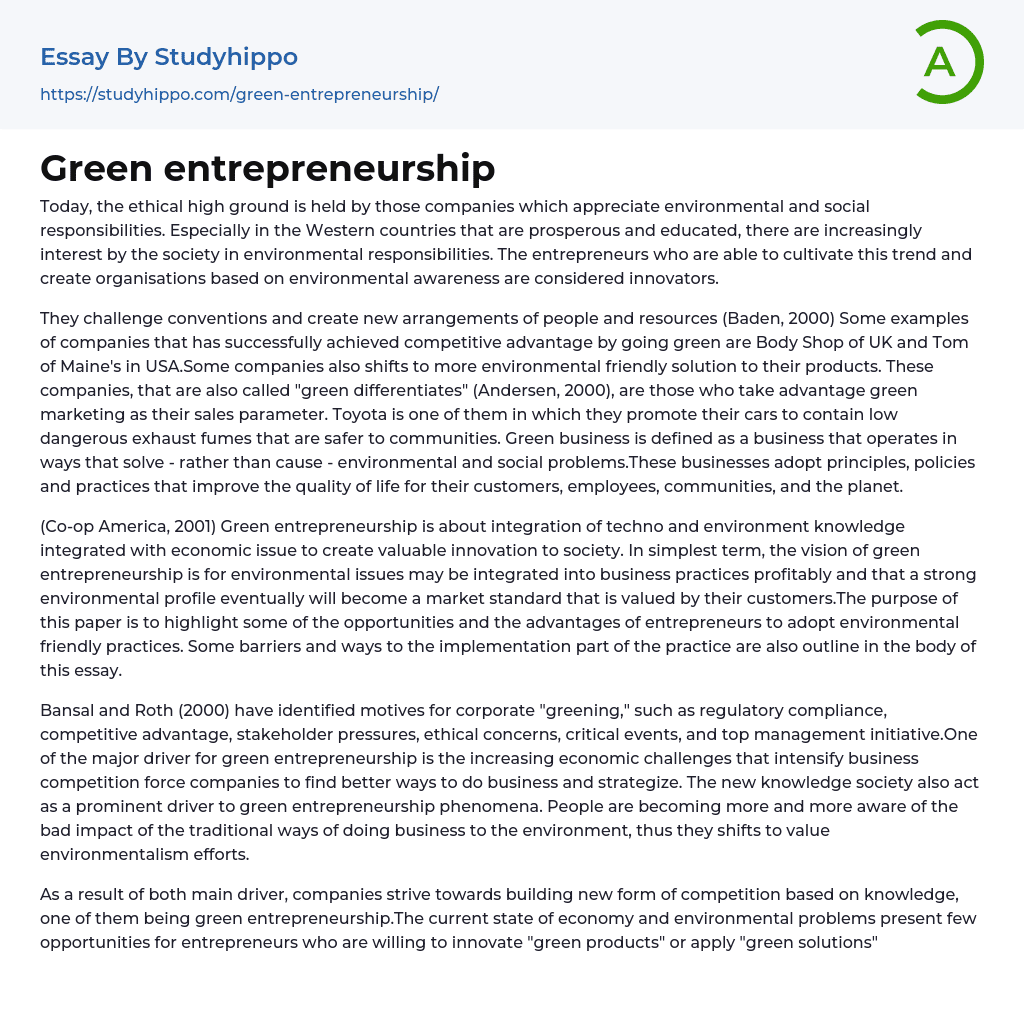 Green entrepreneurship Essay Example