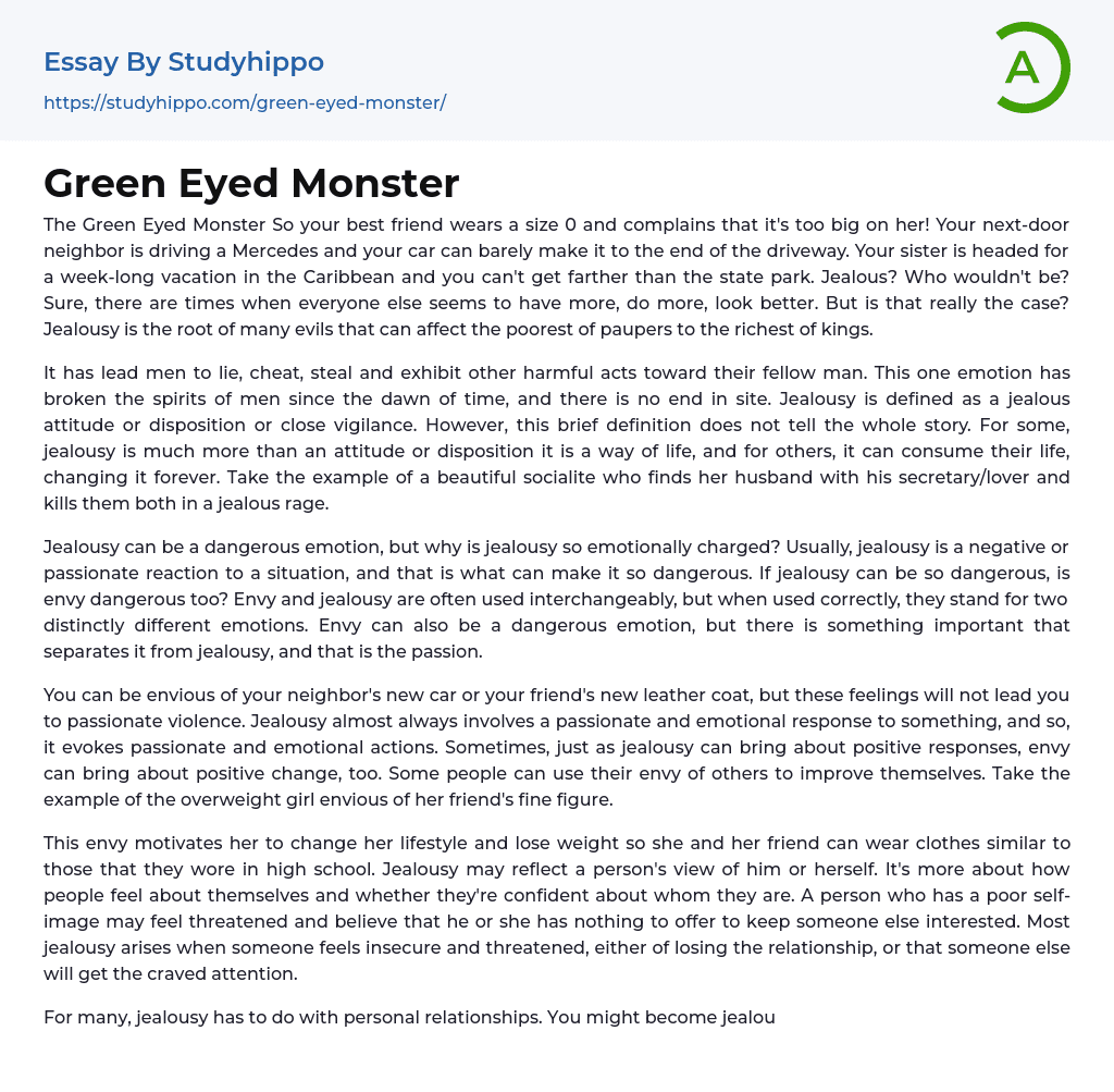 Green Eyed Monster Essay Example