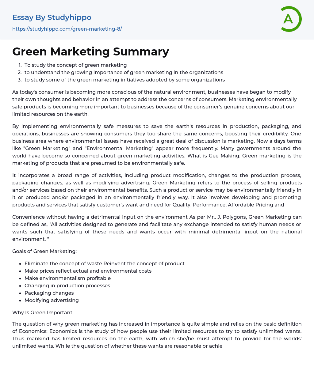 Green Marketing Summary Essay Example