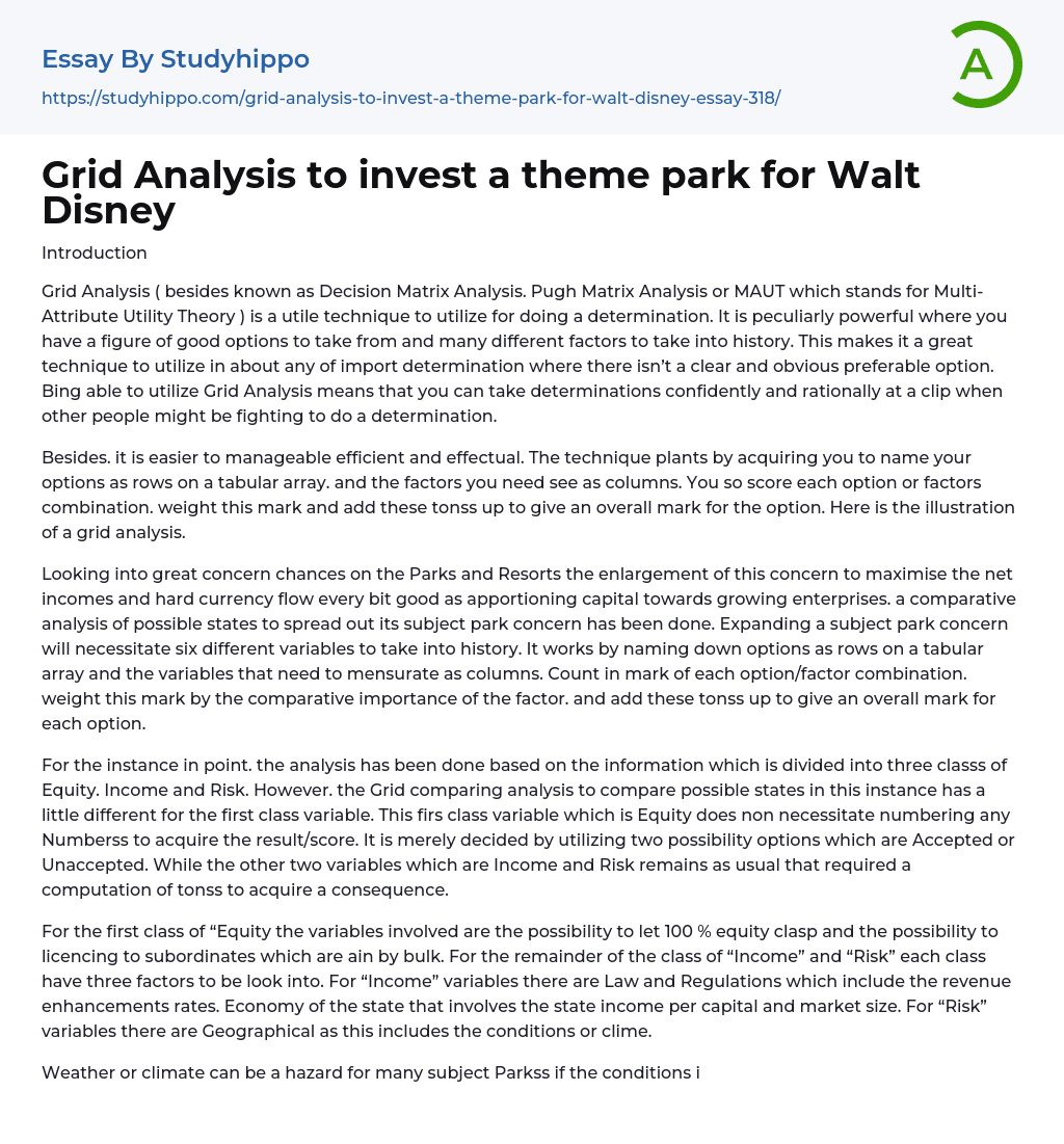 Grid Analysis to invest a theme park for Walt Disney Essay Example