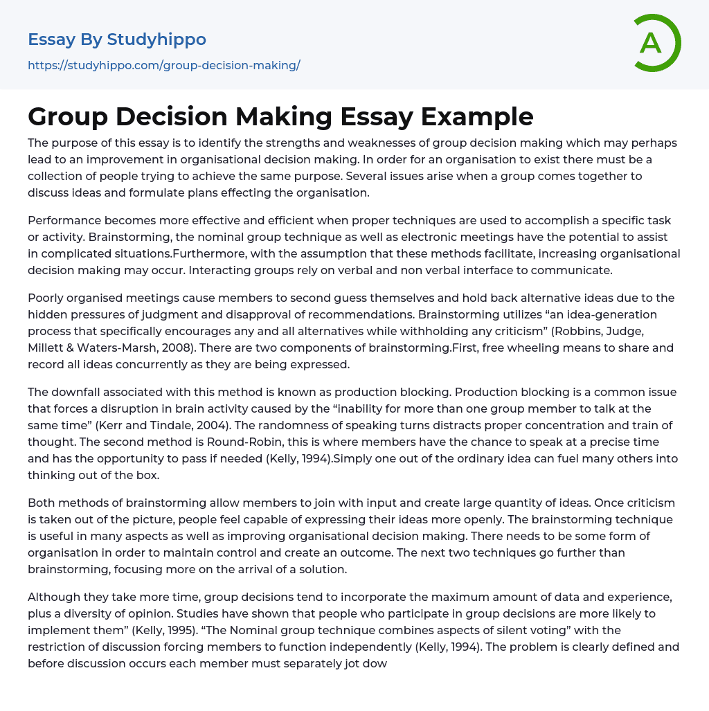 Group Decision Making Essay Example