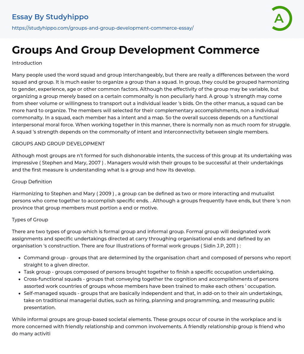 Groups And Group Development Commerce Essay Example