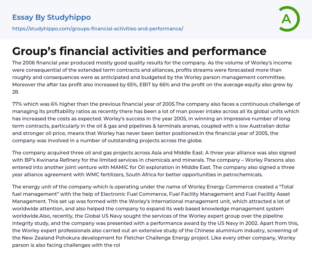 Group’s financial activities and performance Essay Example