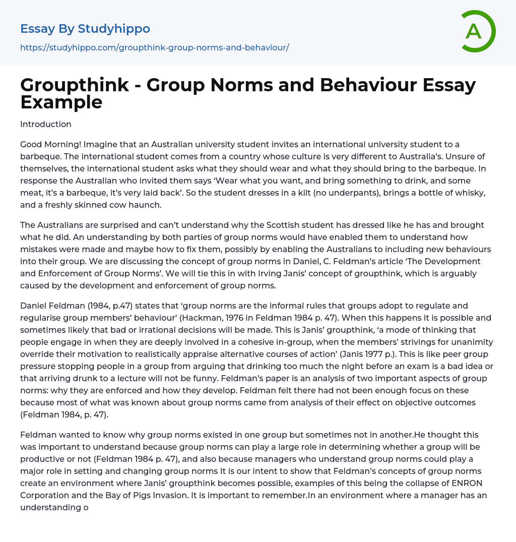 Groupthink – Group Norms and Behaviour Essay Example