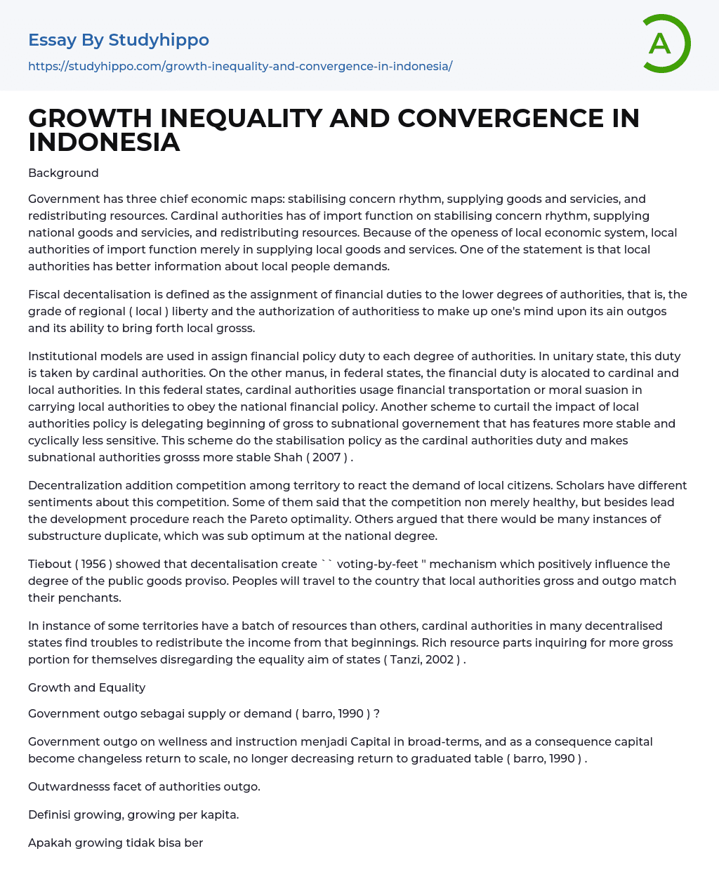 GROWTH INEQUALITY AND CONVERGENCE IN INDONESIA Essay Example