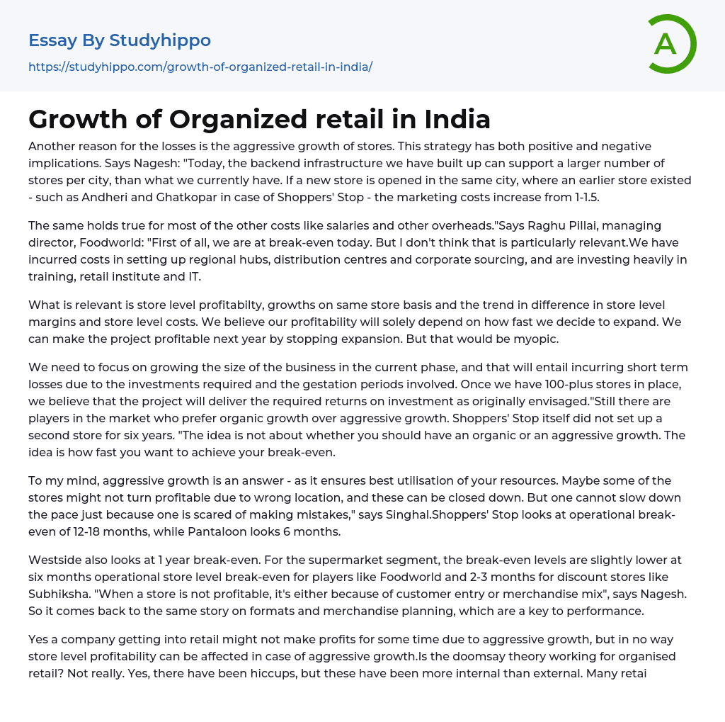 Growth of Organized retail in India Essay Example