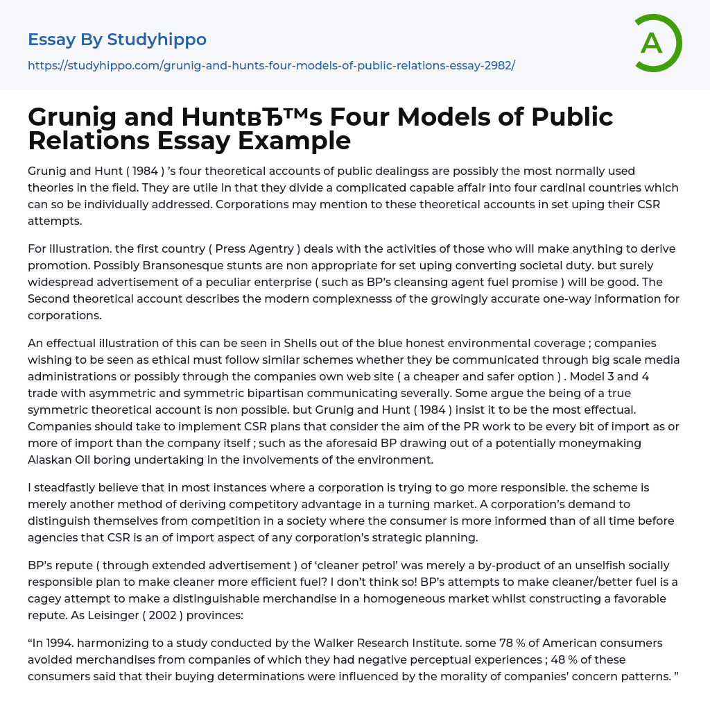 Grunig and Hunt’s Four Models of Public Relations Essay Example