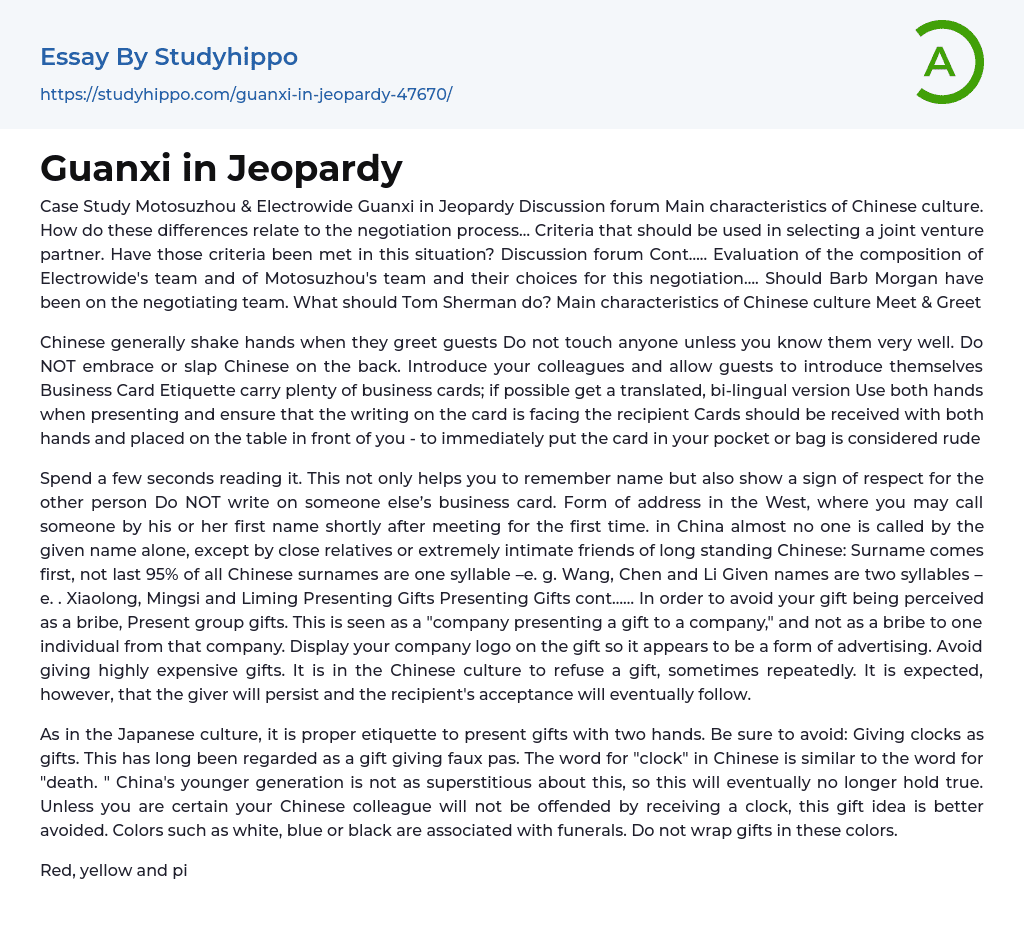 Guanxi in Jeopardy Essay Example