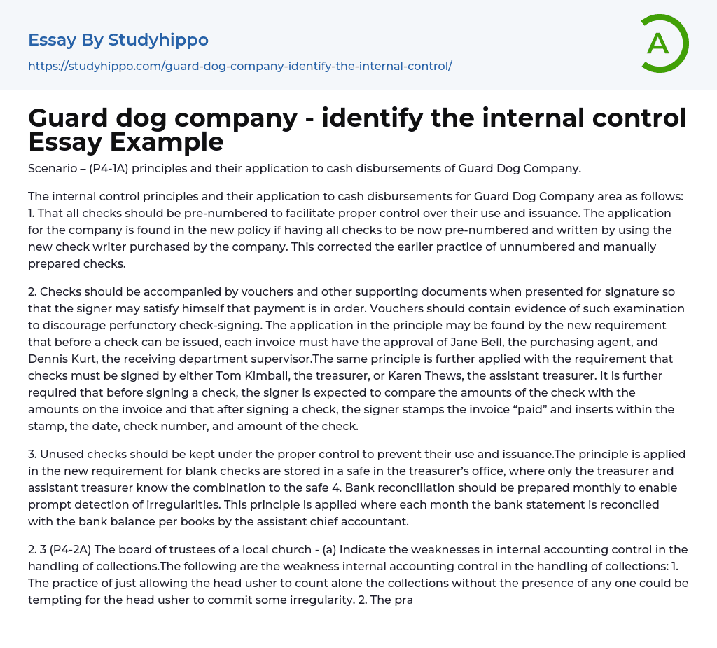 Guard dog company – identify the internal control Essay Example