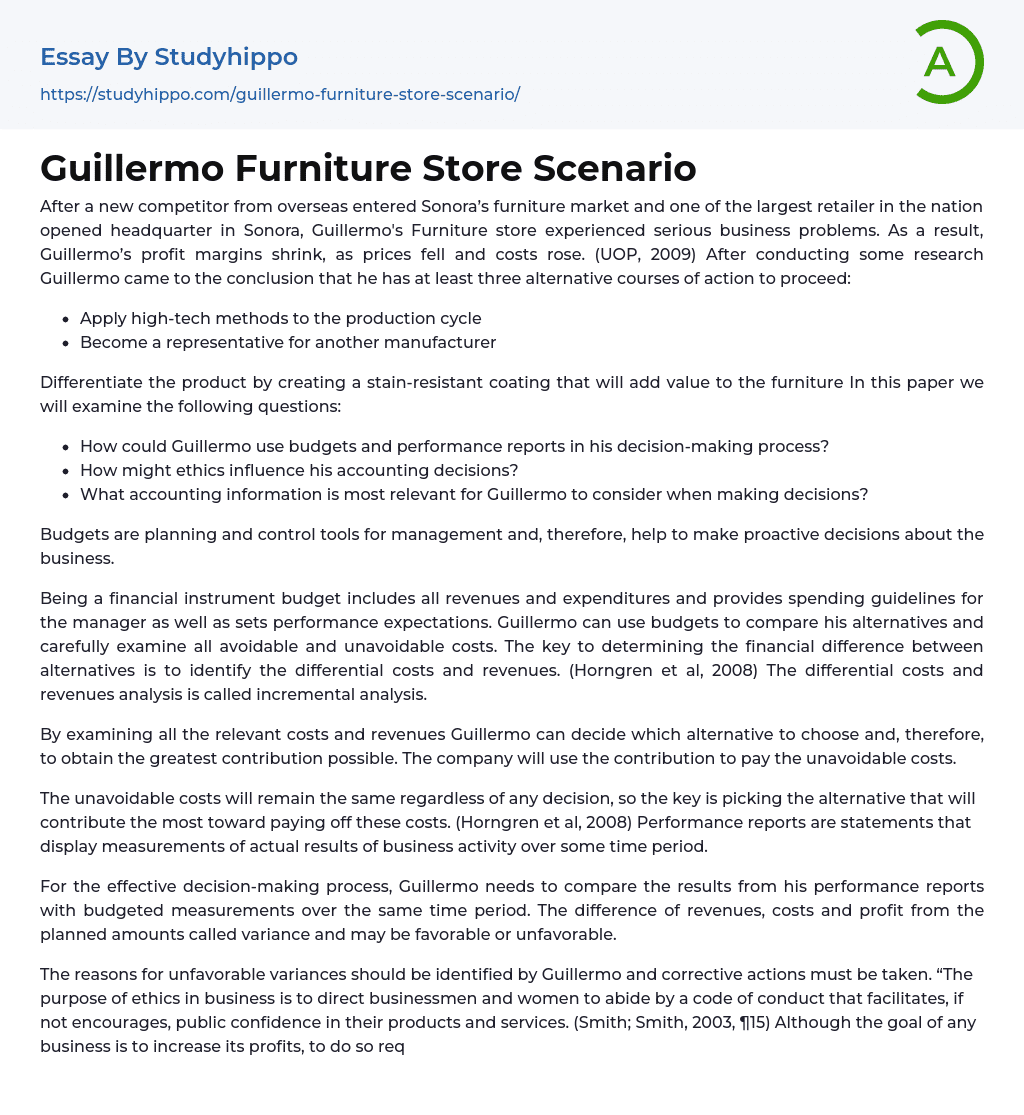 Guillermo Furniture Store Scenario Essay Example