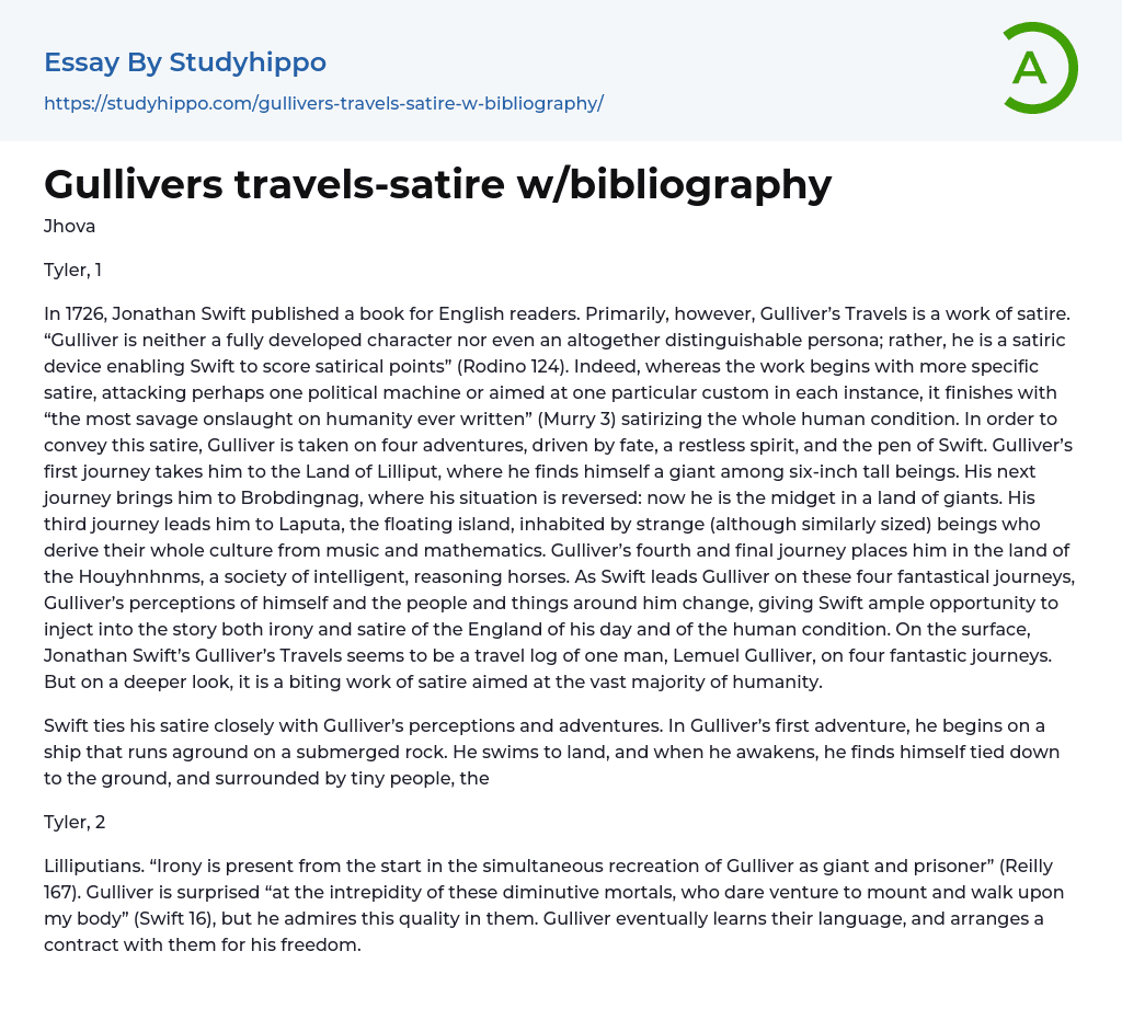 Gullivers travels-satire w/bibliography Essay Example