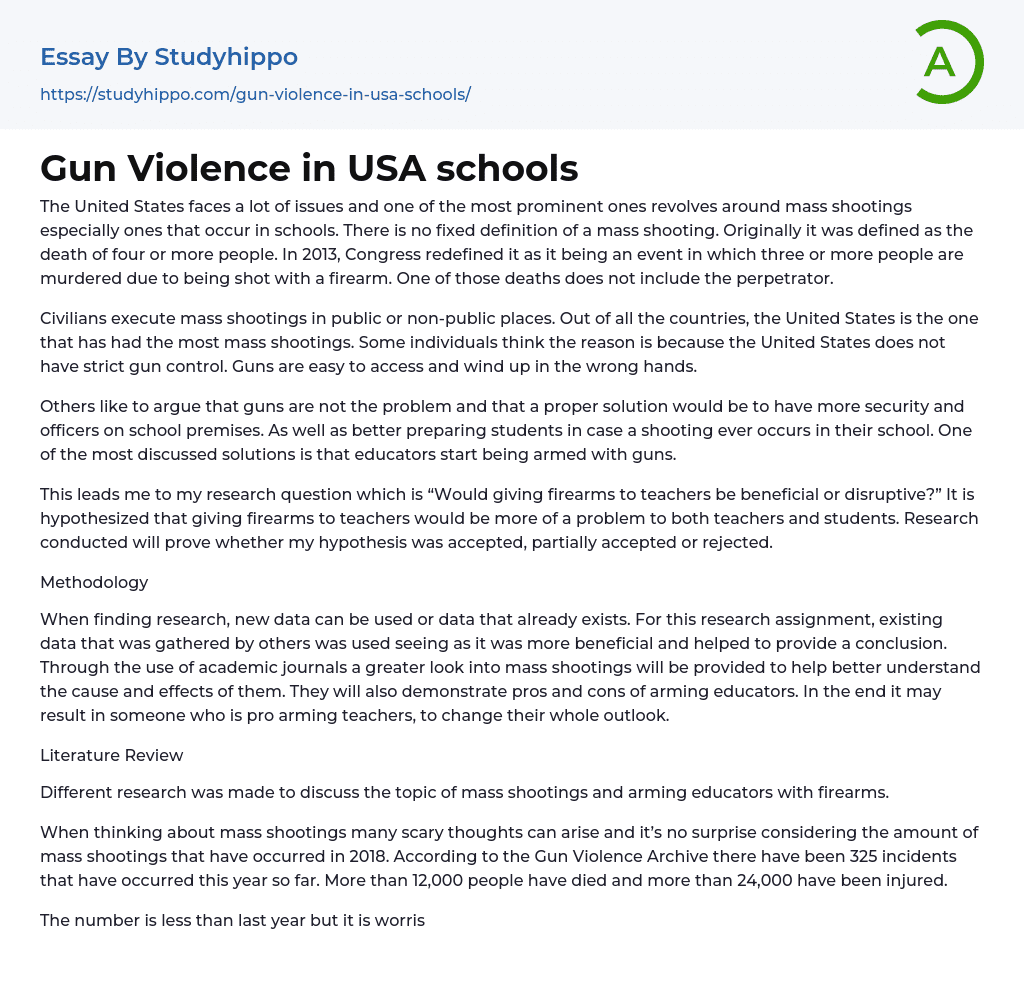 Gun Violence in USA schools Essay Example