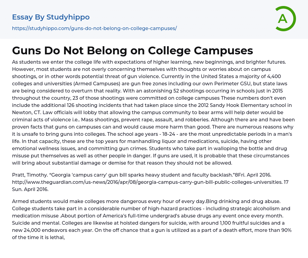 Guns Do Not Belong on College Campuses Essay Example