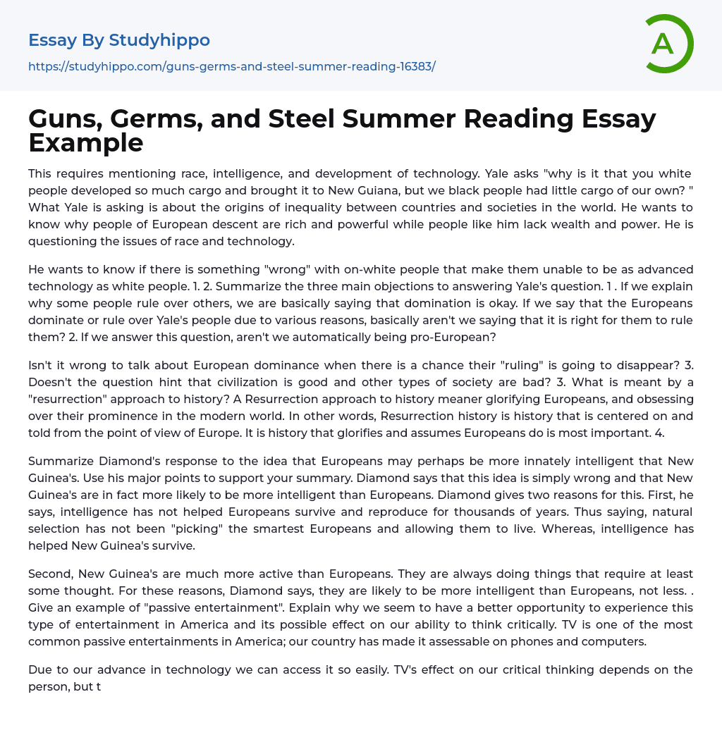 Guns, Germs, and Steel Summer Reading Essay Example