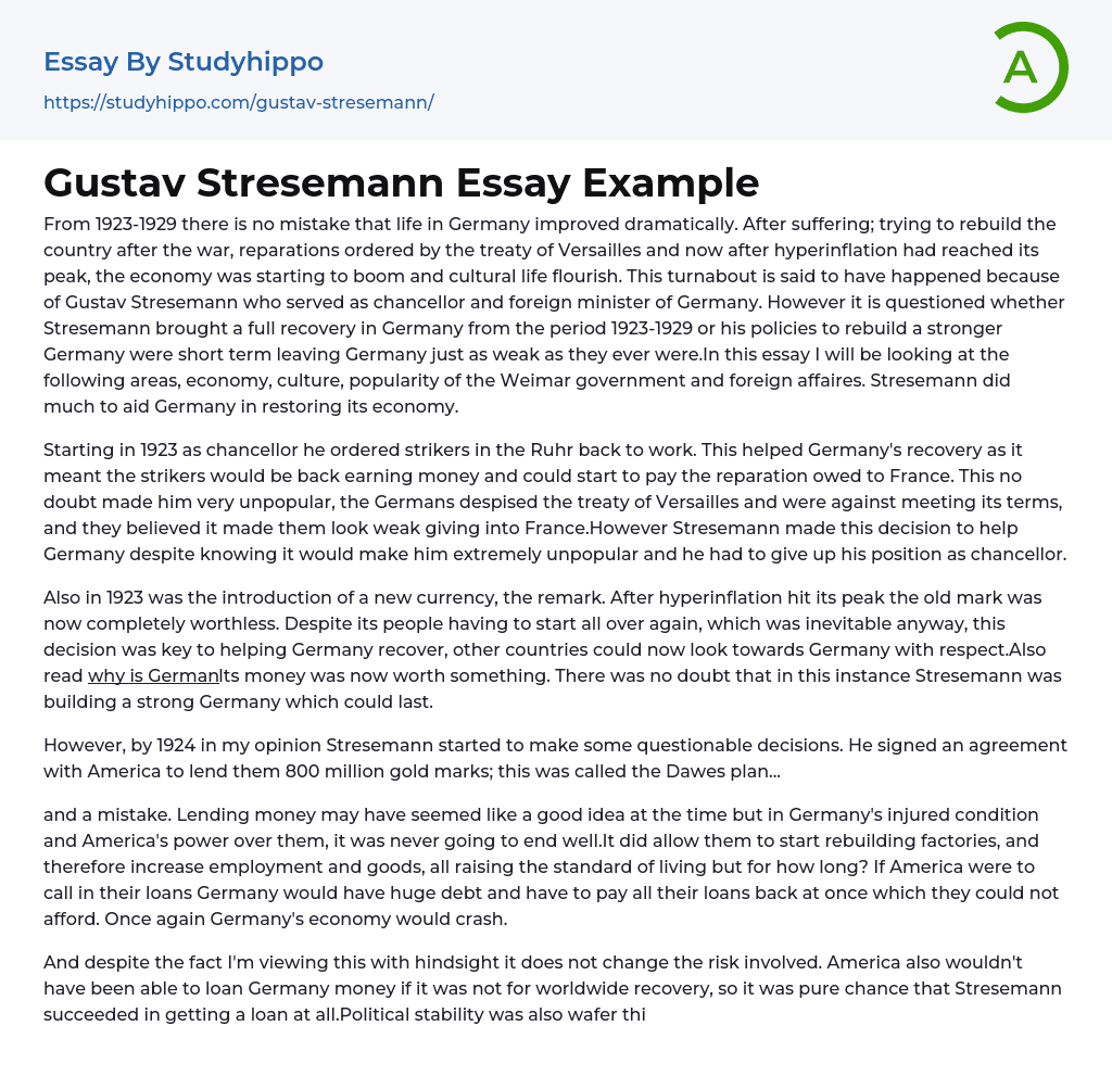 Gustav Stresemann Essay Example