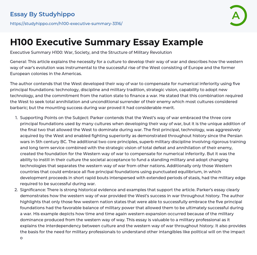 H100 Executive Summary Essay Example