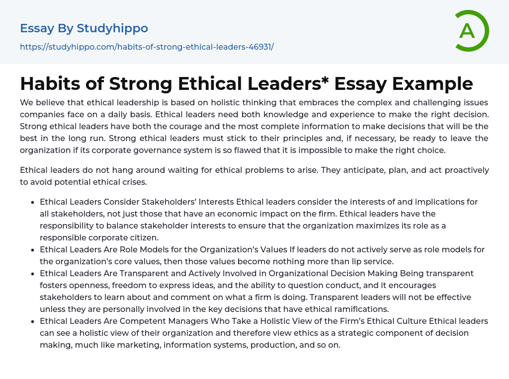 Habits of Strong Ethical Leaders* Essay Example
