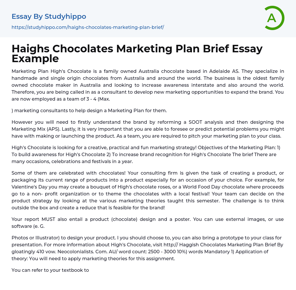 Haighs Chocolates Marketing Plan Brief Essay Example