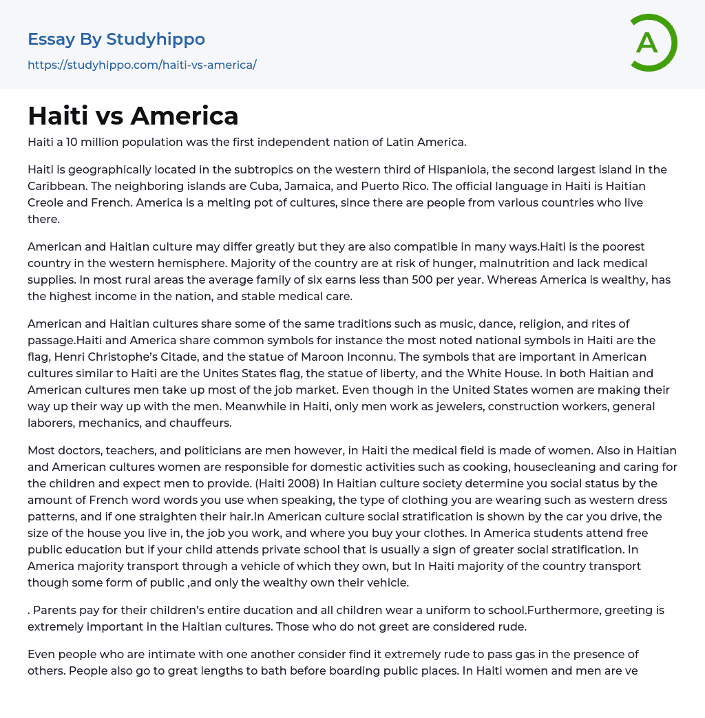 Haiti vs America Essay Example